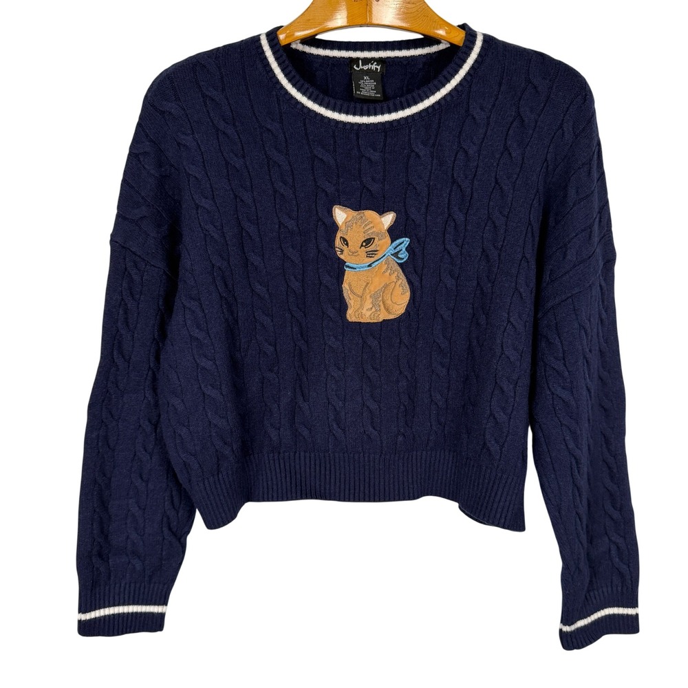 Justify Womens XL Navy Cable Knit Sweater Embroidered Cat Cropped Preppy